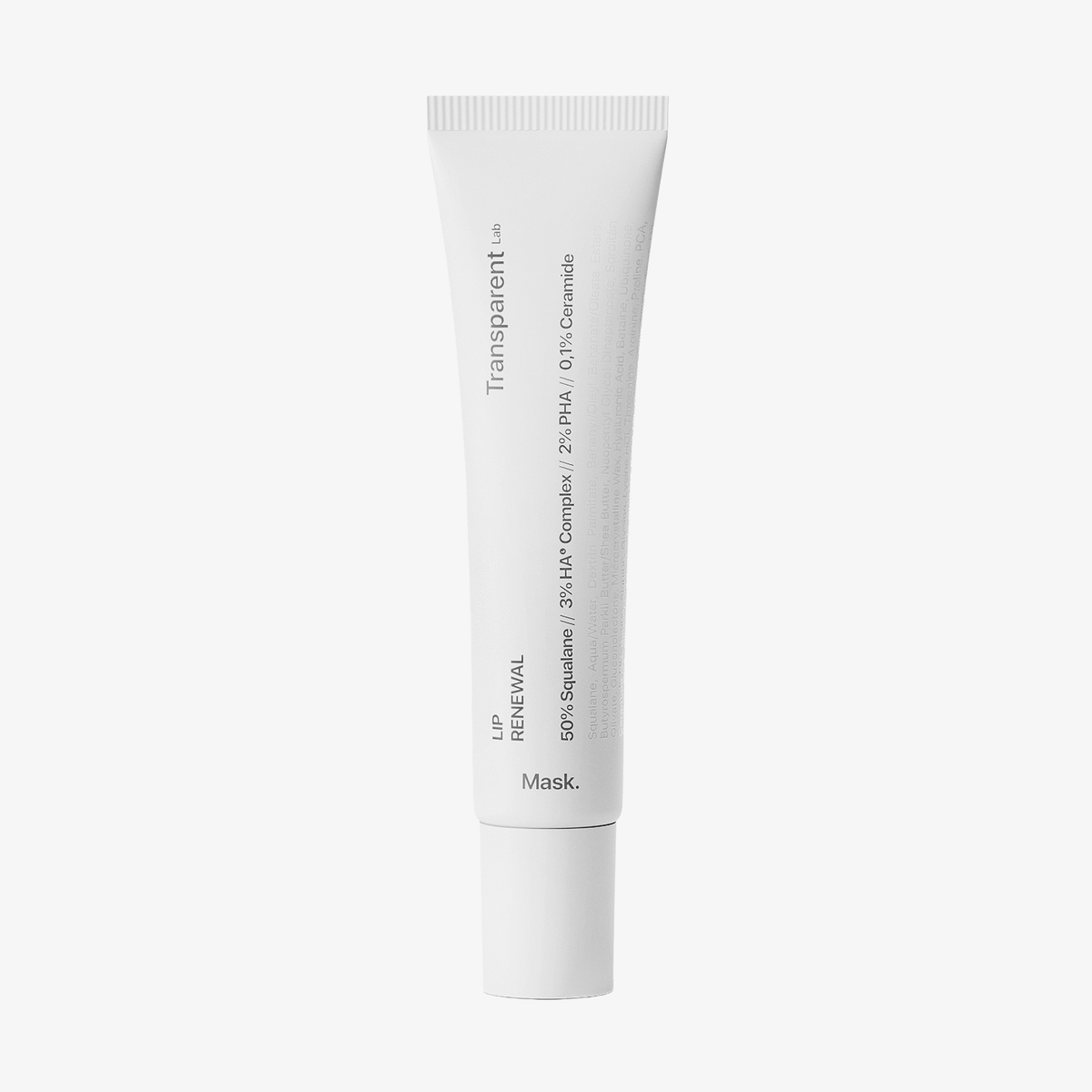 Weiße Tube mit der Aufschrift Transparent Lab Lip Renewal und Angaben zu den Inhaltsstoffen auf einem schlichten weißen Hintergrund.
