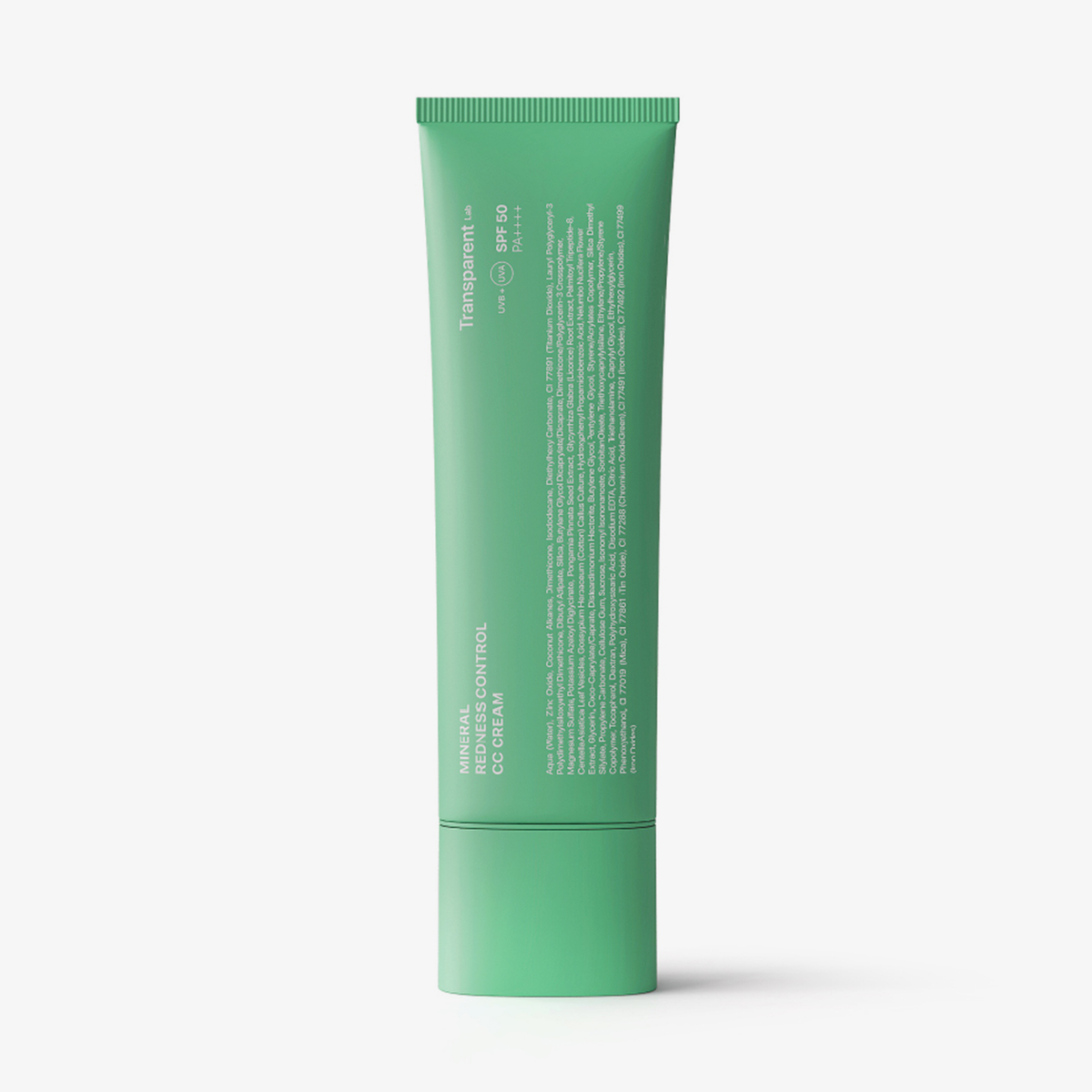 Grüne Tube der „Transparent Lab Mineral Redness Control CC Cream“ mit weißer Beschriftung, aufrecht auf weißem Hintergrund, Vorderansicht.