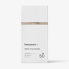 Weiße Flasche mit der getönten Sonnencreme „Transparent Lab Mineral Tinted Sunscreen“ mit schwarzer Beschriftung und einer beigen Linie im oberen Bereich. LSF 50.