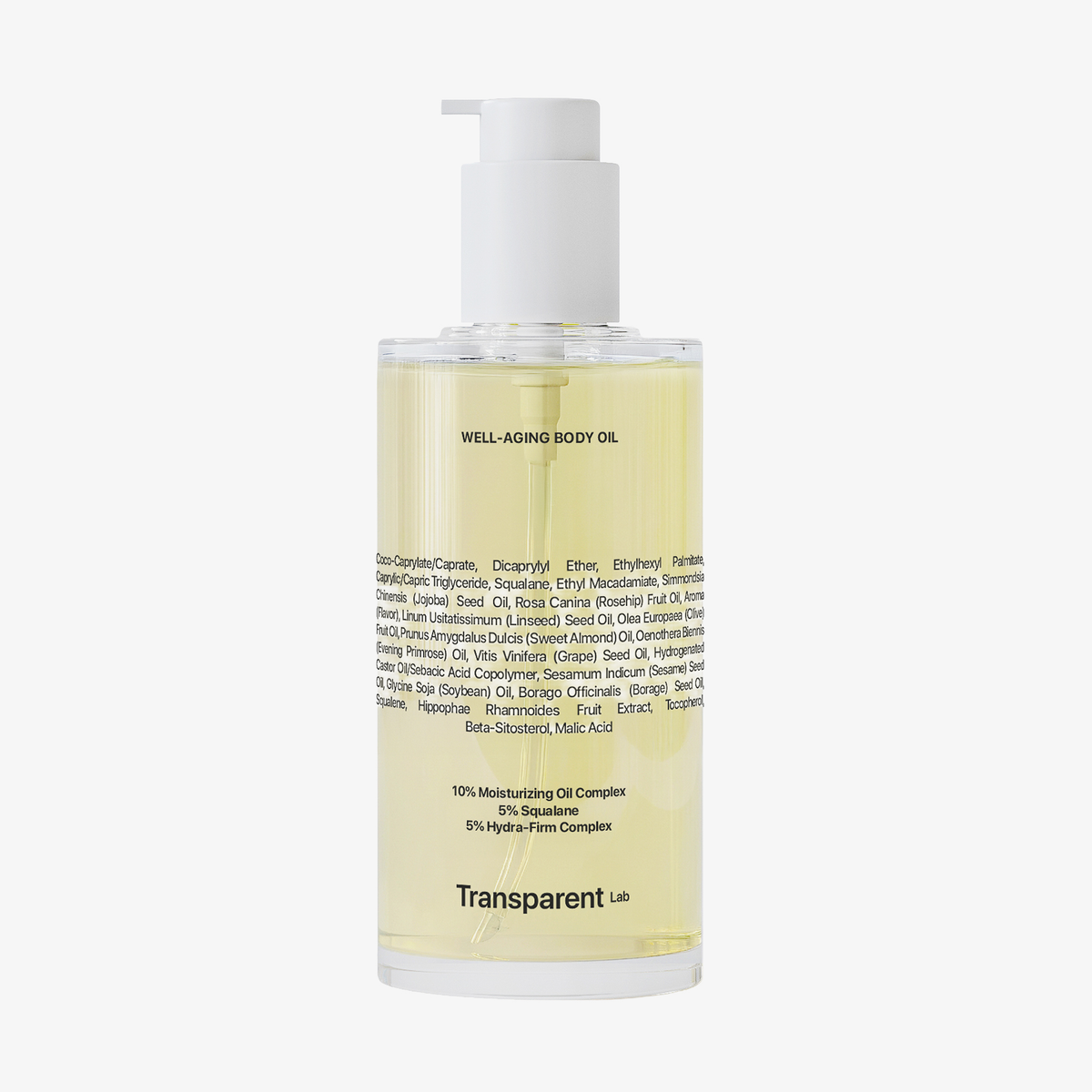 Transparent Lab Well-Aging Body Oil in einer klaren Flasche mit weißer Pumpe und detailliertem Frontetikett.