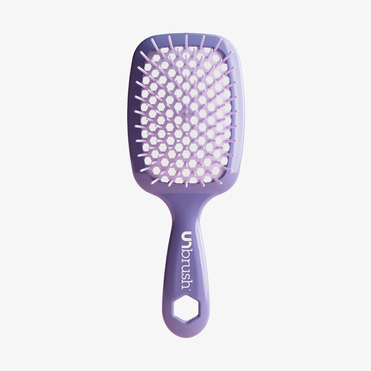 Eine lilafarbene Detangling-Haarbürste von UNbrush mit weißen Borsten und dem Schriftzug UNbrush" auf dem Griff.