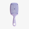Hellviolette UNbrush Detangling Hair Brush Mini mit wabenförmigem, belüftetem Kopf und gebrandetem Griff.