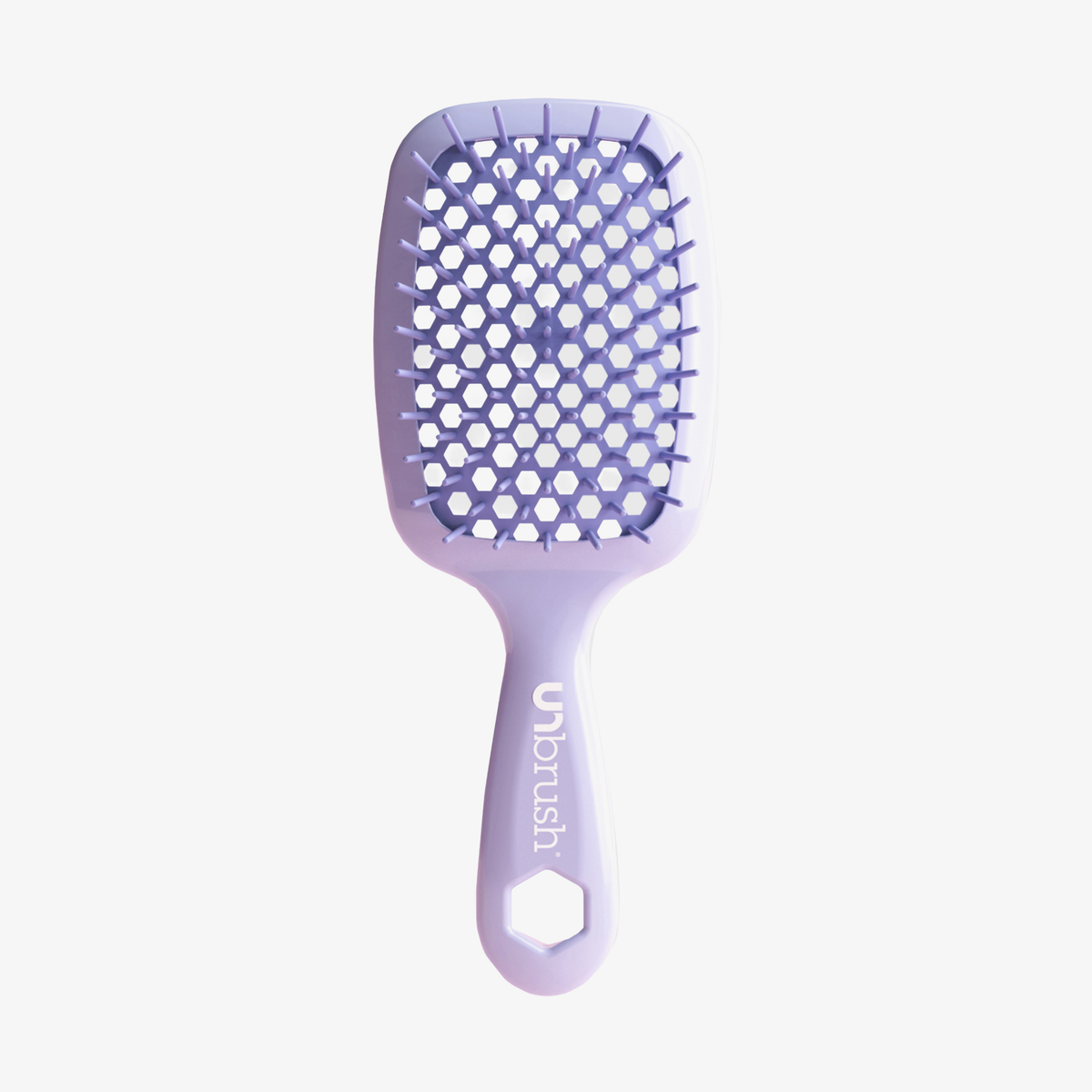 Hellviolette UNbrush Detangling Hair Brush Mini mit wabenförmigem, belüftetem Kopf und gebrandetem Griff.