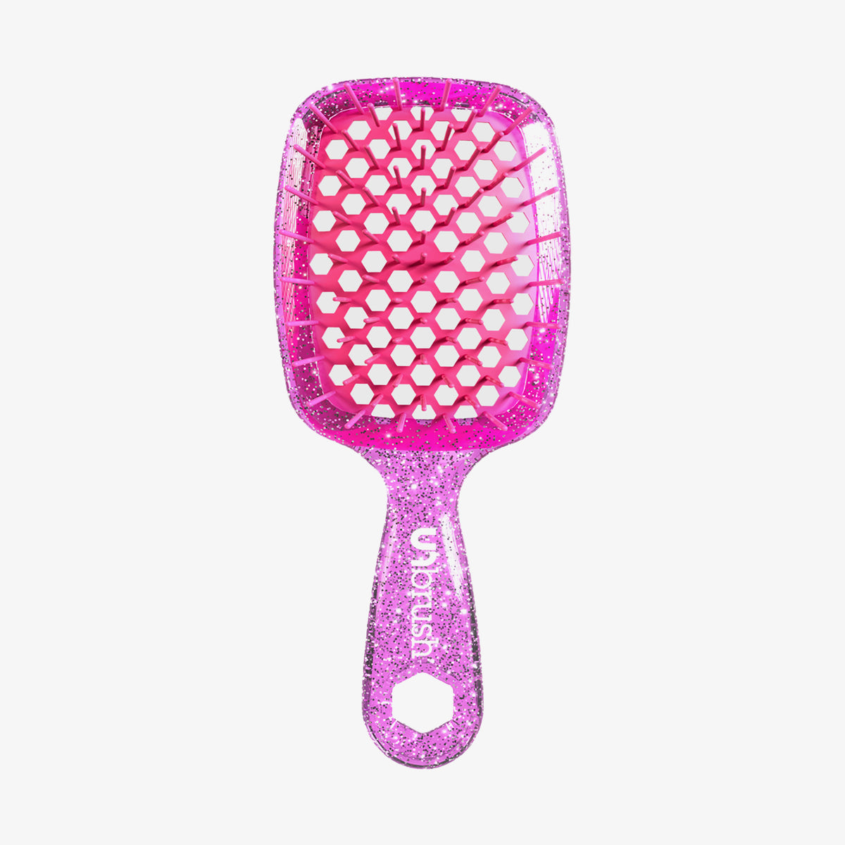 Die UNbrush Detangling Hair Brush Mini hat eine pinke, glitzernde Oberfläche mit einem wabenförmigen, belüfteten Paddel und einem passenden Griff.