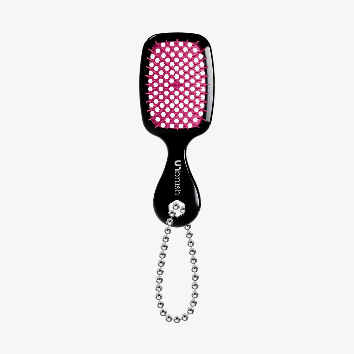 UNbrush® Super Mini Keychain in Cherry Blossom: Schwarzer Bürstenkörper mit pinkem Borstenkissen, silberne Kugelkette zum Anhängen.