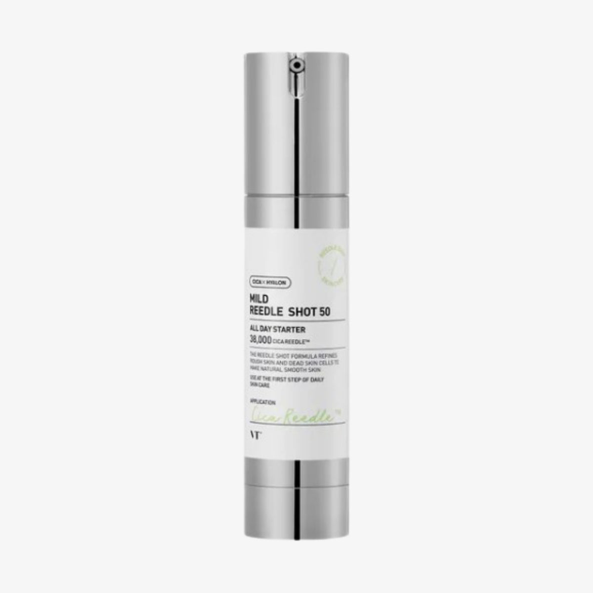 Silberne Flasche Vt Reedle Shot 50 von VT Cosmetics mit weißem Etikett vor weißem Hintergrund.