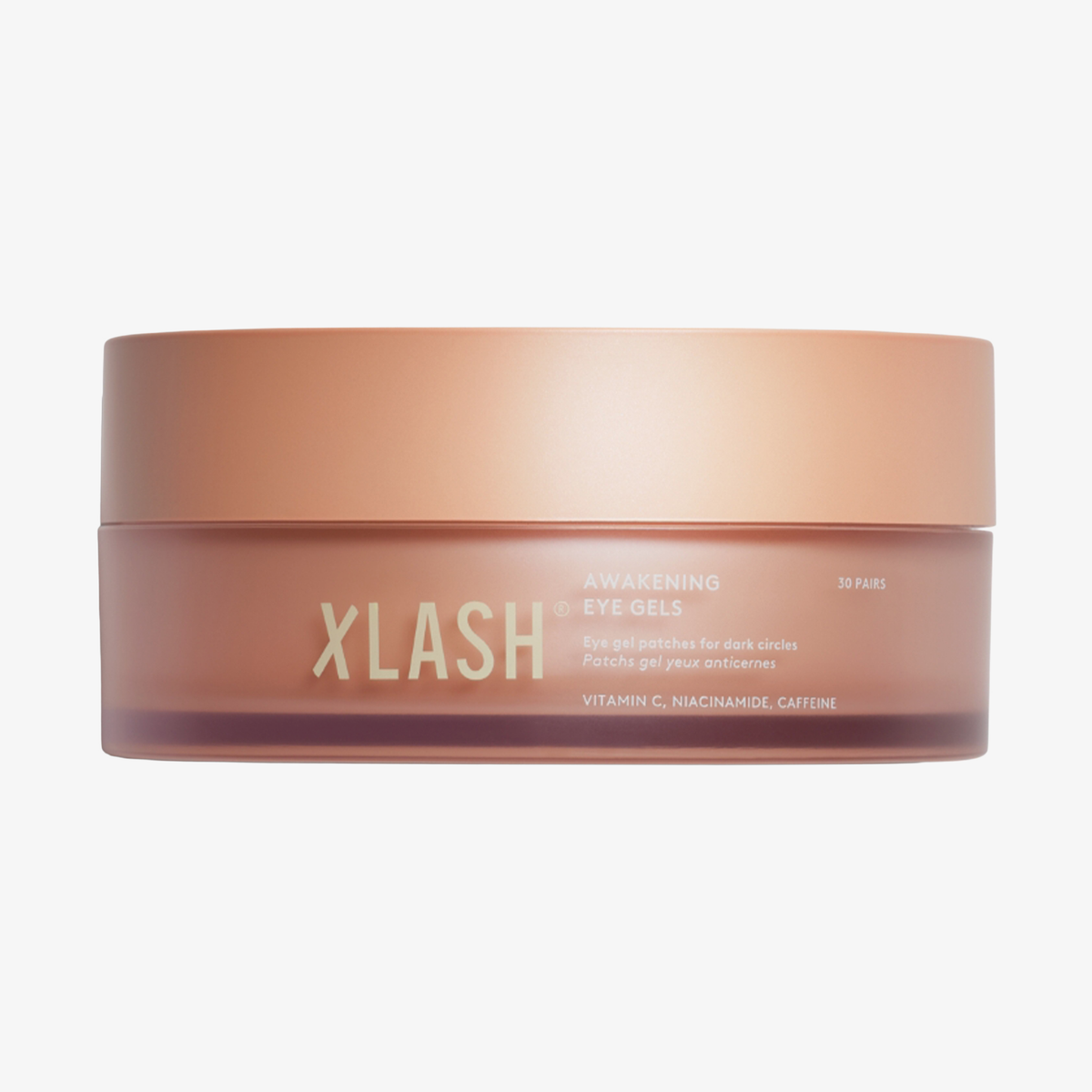 Ein runder, roségoldfarbener XLASH Awakening Eye Gels-Behälter gegen Augenringe, enthält 30 Paare.
