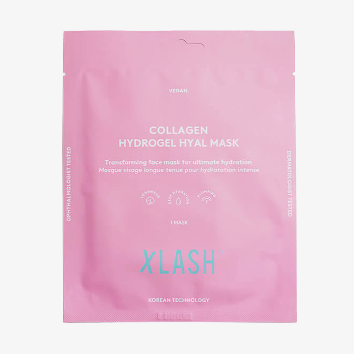 Rosa Tüte der „Collagen Hydrogel Hyal Mask“ von XLASH: feuchtigkeitsspendende, vegane und dermatologisch getestete Hautpflege.