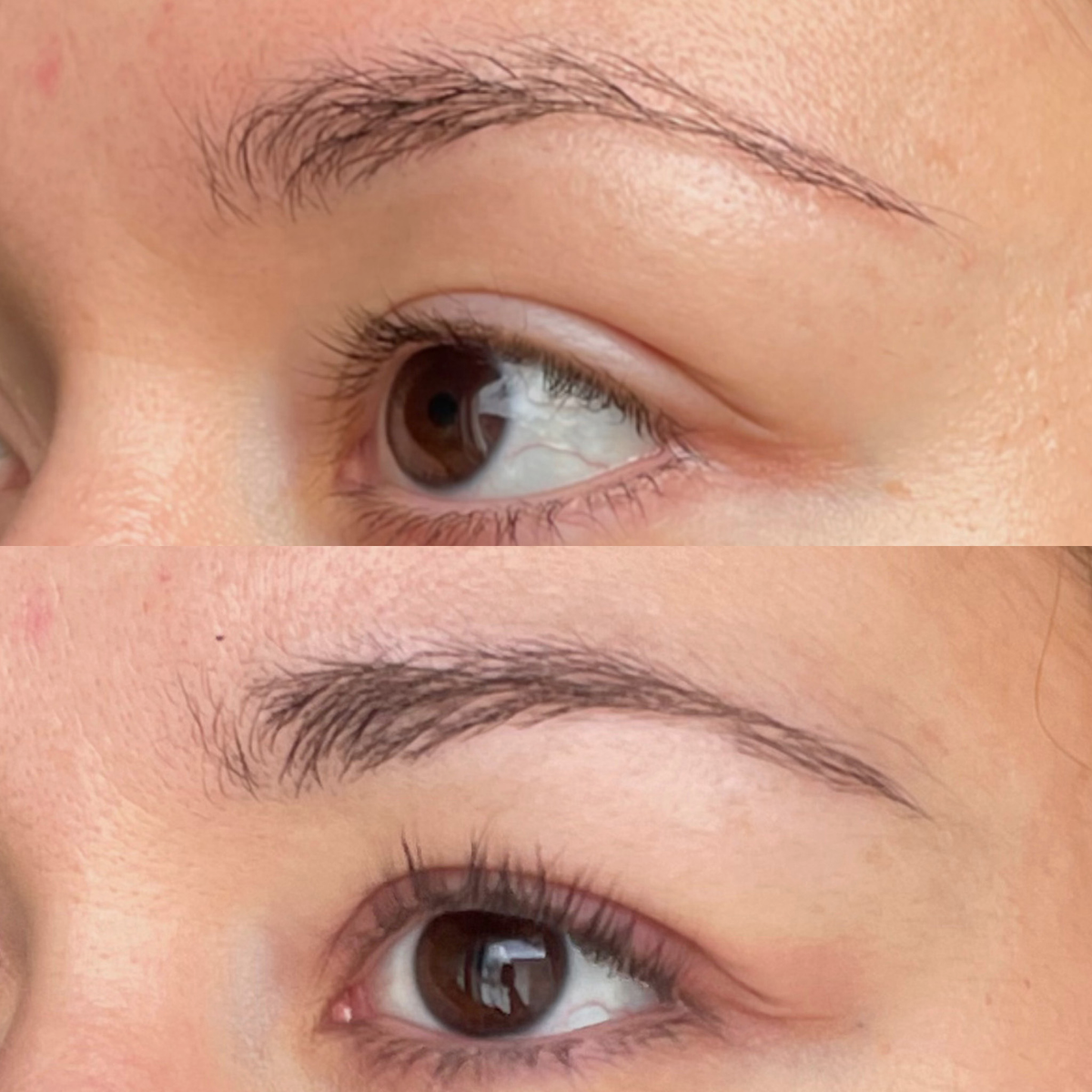 Vorher (oben) und nachher (unten) nach der Anwendung des XLASH Xbrow Augenbrauenserums 1,5 ml zur Pflege und Verschönerung der Augenbrauen.