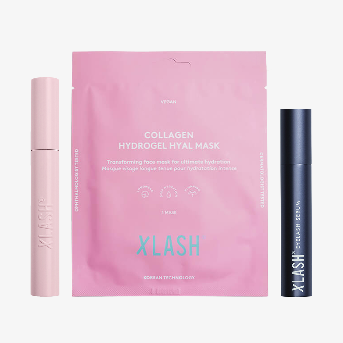 XLASH Essentials Kit von XLASH: Drei Produkte (rosa Tube, rosa Hydrogel-Maske, schwarze Tube) auf weißem Hintergrund.