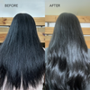 Vorher: glattes Haar; nachher: welliges, glänzenderes Haar mit dem Abyssian Hello Volume Conditioner gegen Haarausfall.