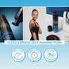 Eine Frau trägt den Bondi Sands Self Tanning Foam 1 Hour Ultra Express auf und hebt seine Eigenschaften und die Verpackung hervor.