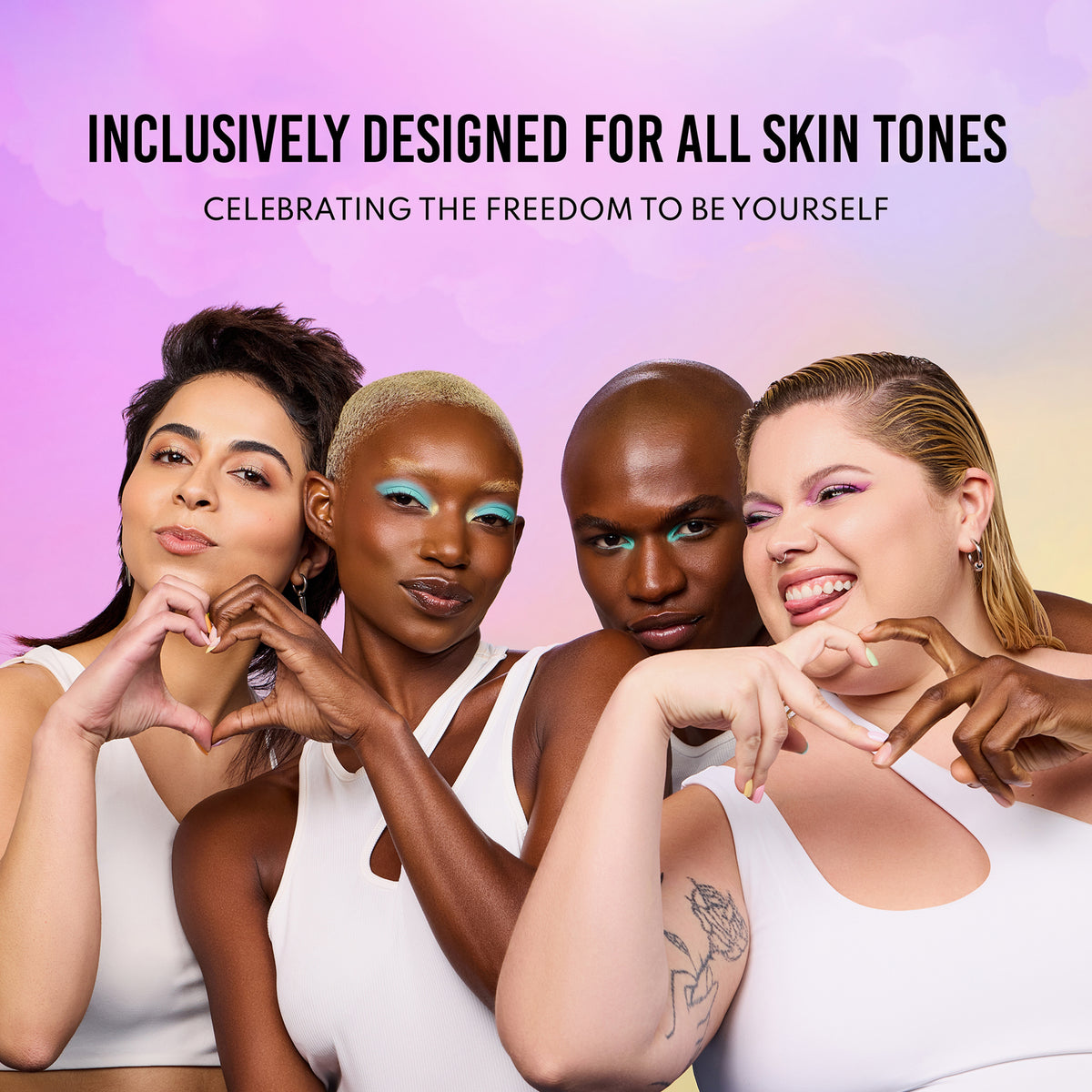 Vier Personen mit unterschiedlichen Hauttönen formen Herzen mit Ihren Händen und zeigen die Inklusivität von Danessa Myricks Beauty.