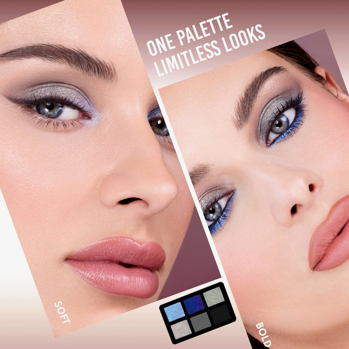 Zwei Eye-Make-up-Looks mit der Lightwork VII Palette: links ein softer, silbrig-blauer Look, rechts ein kräftiger Smokey-Eye-Look mit blauem Akzent.