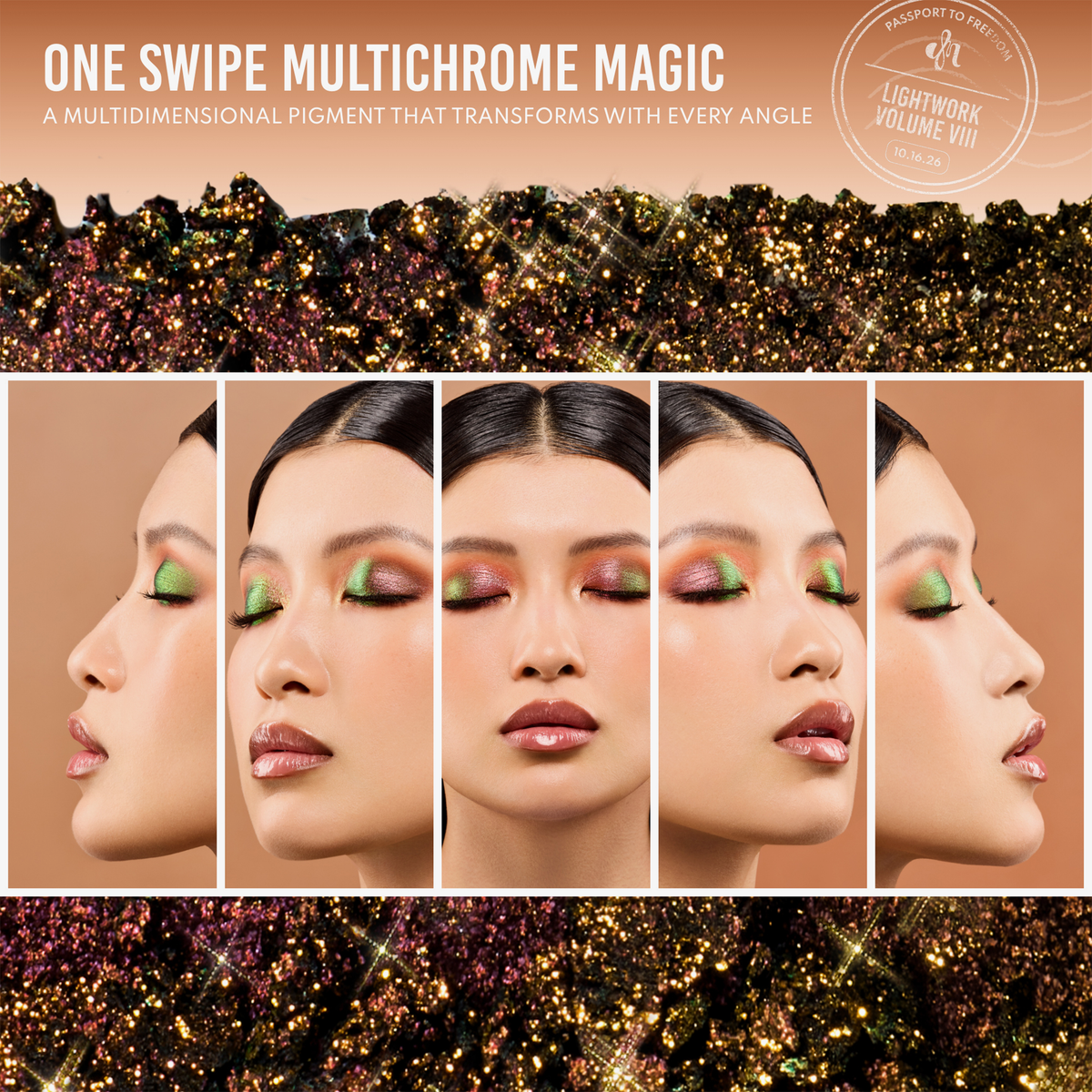 Fünf Porträts einer Person, die den schimmernden Multichrome-Lidschatten Lightwork Palette VIII von Danessa Myricks Beauty trägt, aus verschiedenen Blickwinkeln.