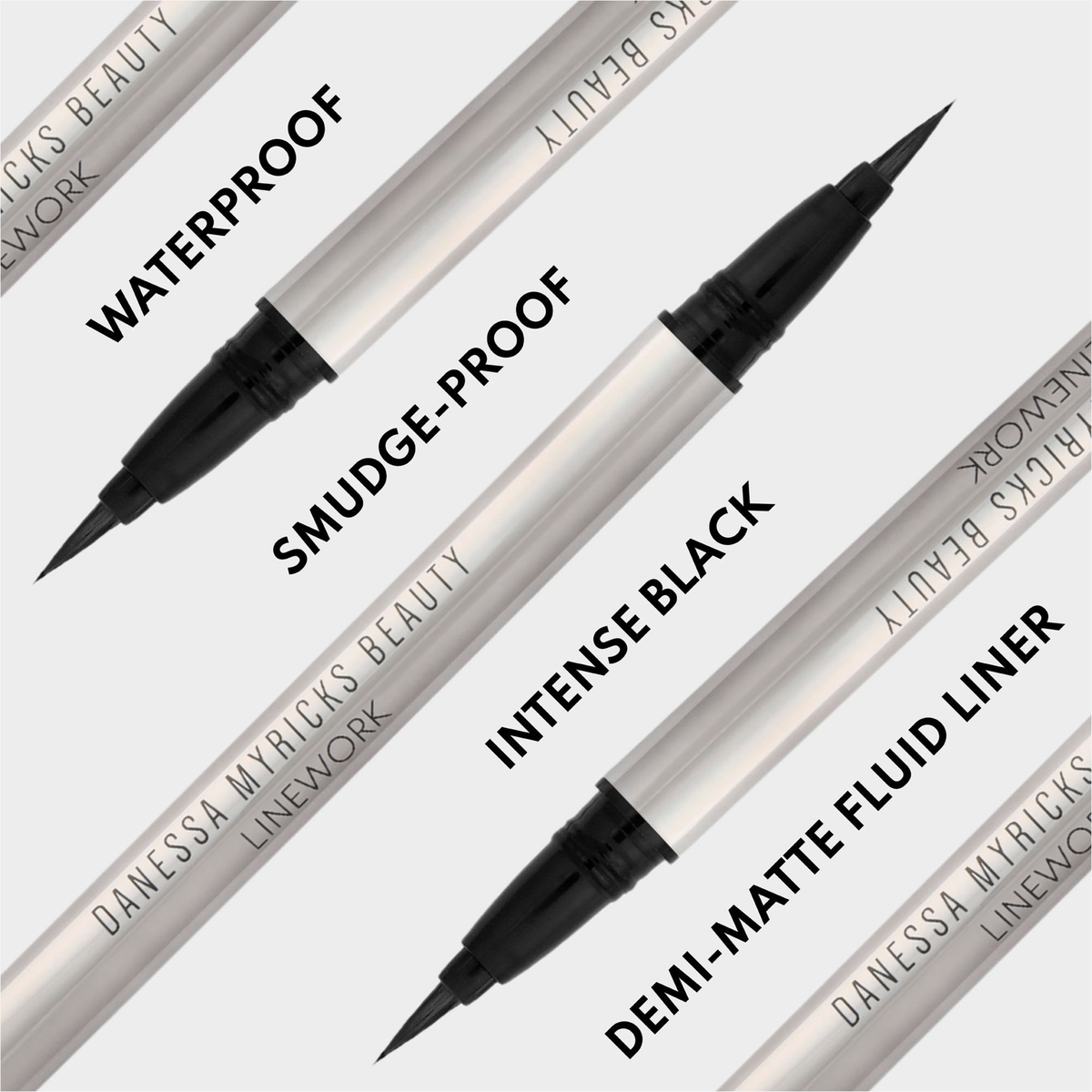 Vier Danessa Myricks Beauty Linework Onyx Flüssig-Eyeliner sind diagonal mit Text angeordnet: wasserfest, wischfest, intensiv schwarz, demi-matter Fluid Liner.