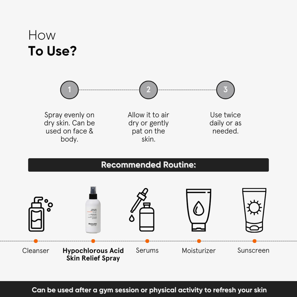 Die Infografik zeigt, wie Sie das Minimalist HOCl Skin Purifying Spray 150ppm in Ihrer Routine verwenden: Reinigung, HOCl-Spray, Seren, Feuchtigkeitscreme, dann Sonnenschutz.