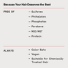 Infos zur OLAPLEX Weightless Nourishing Mask: vegan, farbecht und frei von Sulfaten, Phthalaten, Phosphaten, Parabenen, MIC/MIT und Proteinen.