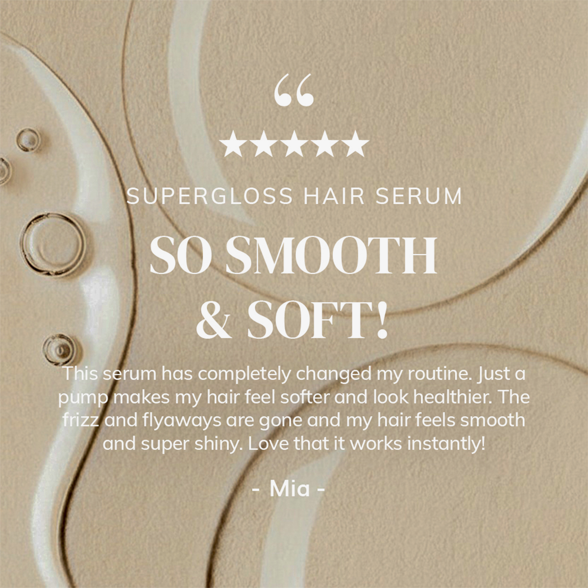 Beiger Hintergrund mit Serumtropfen; der Text preist das „Abyssian Supergloss Hair Serum“ für glattes, weiches, glänzendes und krauses Haar an.