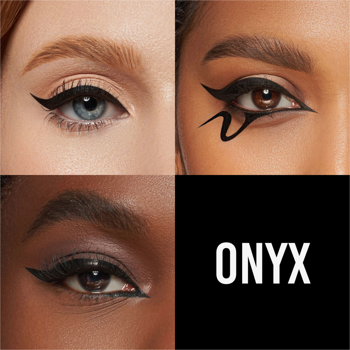 Drei Nahaufnahmen von Augen mit kühnen schwarzen Eyeliner-Styles, die mit Linework Onyx von Danessa Myricks Beauty kreiert wurden.