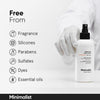 Eine behandschuhte Hand hält ein Minimalist HOCl Skin Purifying Spray 150ppm neben einer Liste mit Inhaltsstoffen, die das Produkt nicht enthält (Parfüm, Silikone, Parabene, Sulfate, Färbemittel, ätherische Öle).