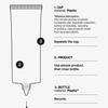 Schematische Darstellung einer CC-Creme-Tube der Marke „Transparent Lab Mineral Redness Control“ mit der Kennzeichnung der Kunststoffteile sowie Recyclinghinweisen für Verschluss und Flasche.