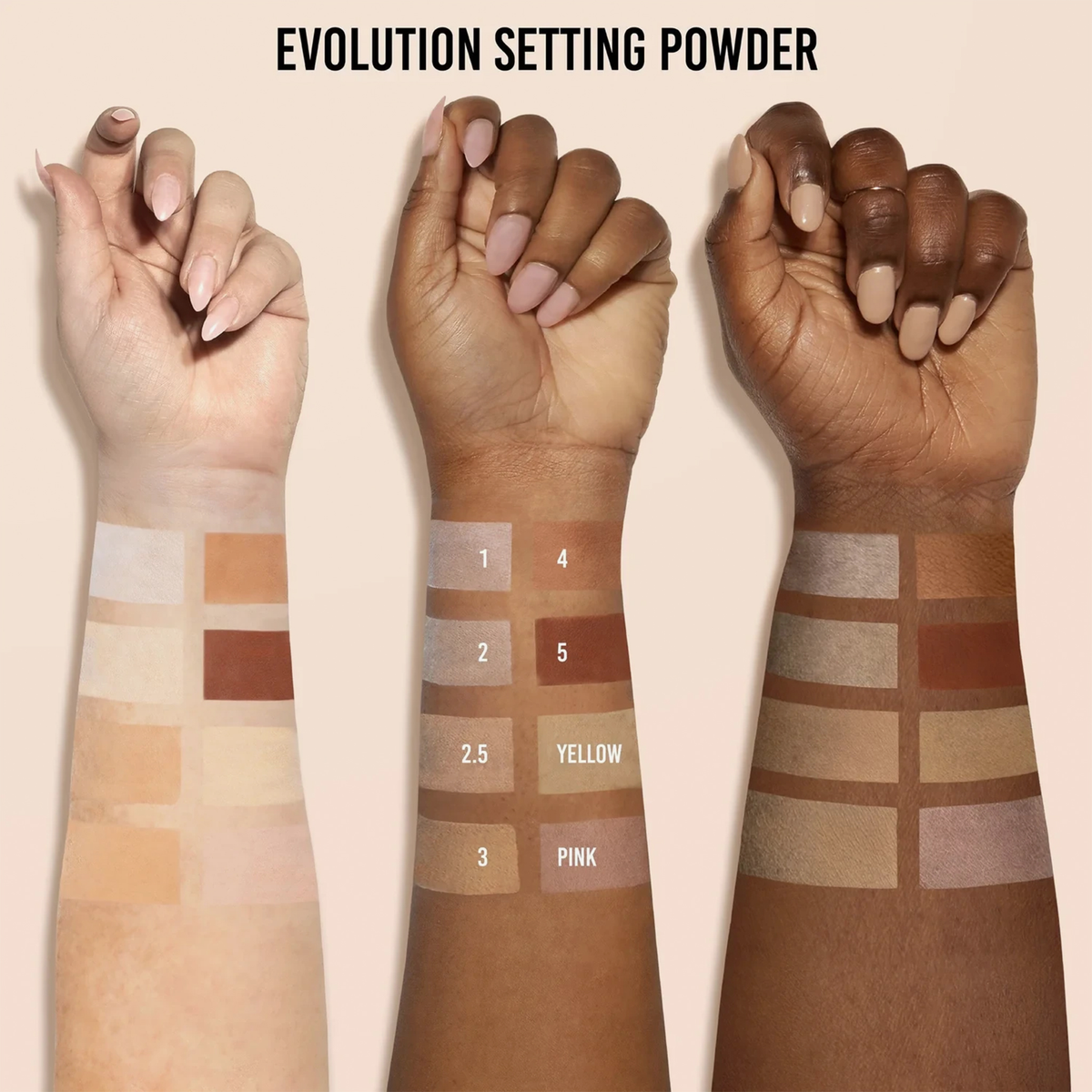 Drei Arme mit unterschiedlichen Hauttönen zeigen Swatches der Evolution Powder von Danessa Myricks Beautyin verschiedenen Farbtönen und Finishs.