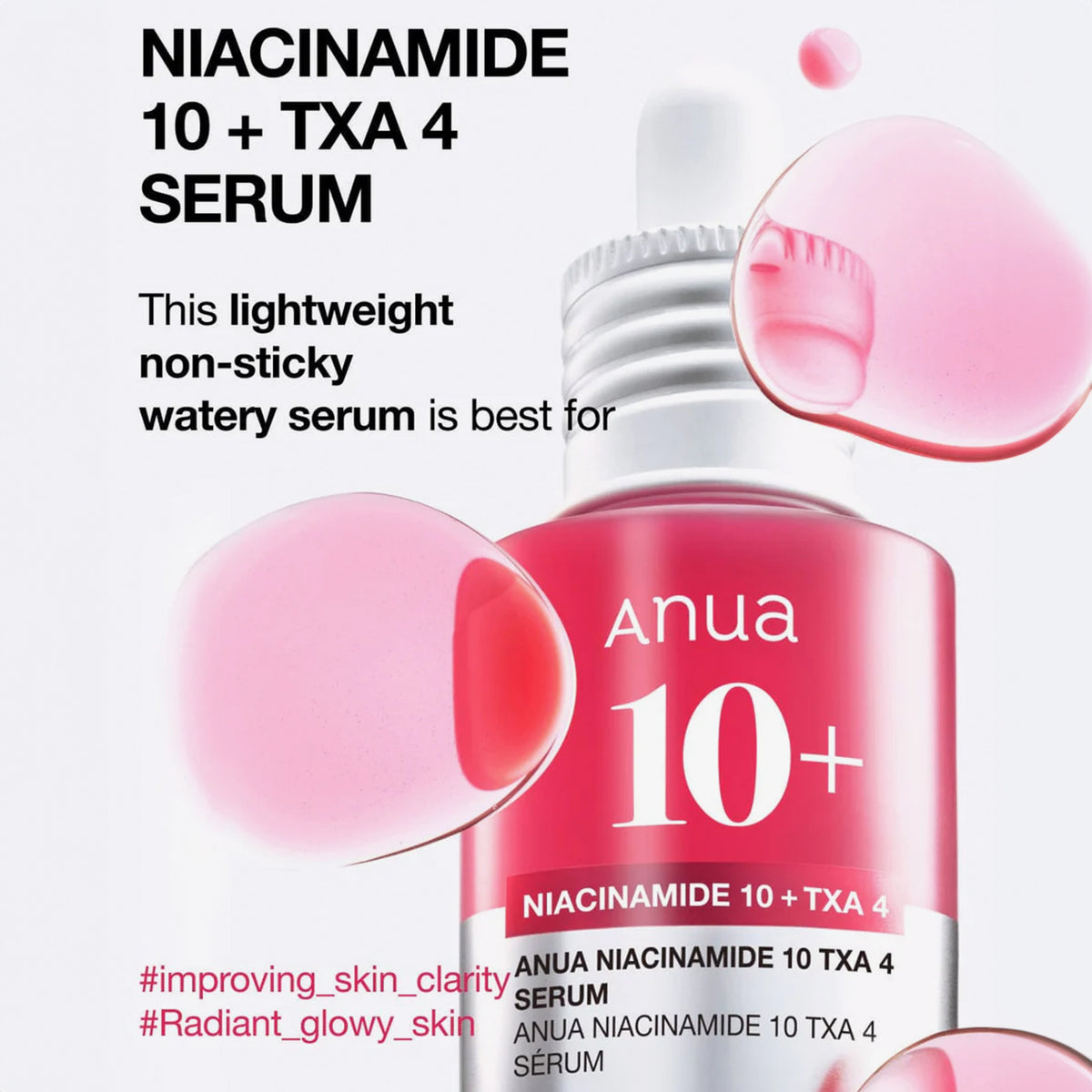 Abbildung eines rosafarbenen Serums von Anua, beworben als leichtes, nicht klebriges, wässriges Serum für klare, strahlende Haut.