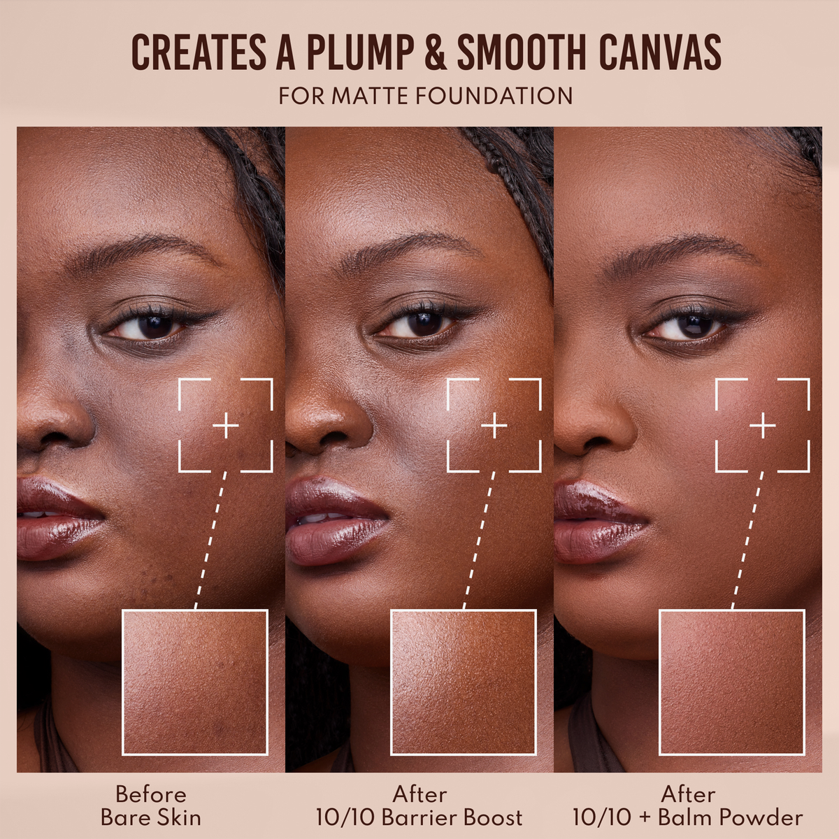 Drei nebeneinander liegende Fotos zeigen das Hautbild vor und nach der Anwendung von Danessa Myricks Beauty Yummy Skin 10/10 Barrier Boost und dem Auftragen von Make-up.