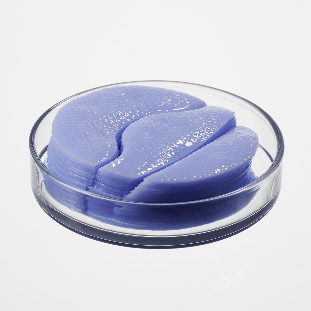 Ein Stapel violetter Longevity Multi-Zone Gels in einer durchsichtigen Petrischale.