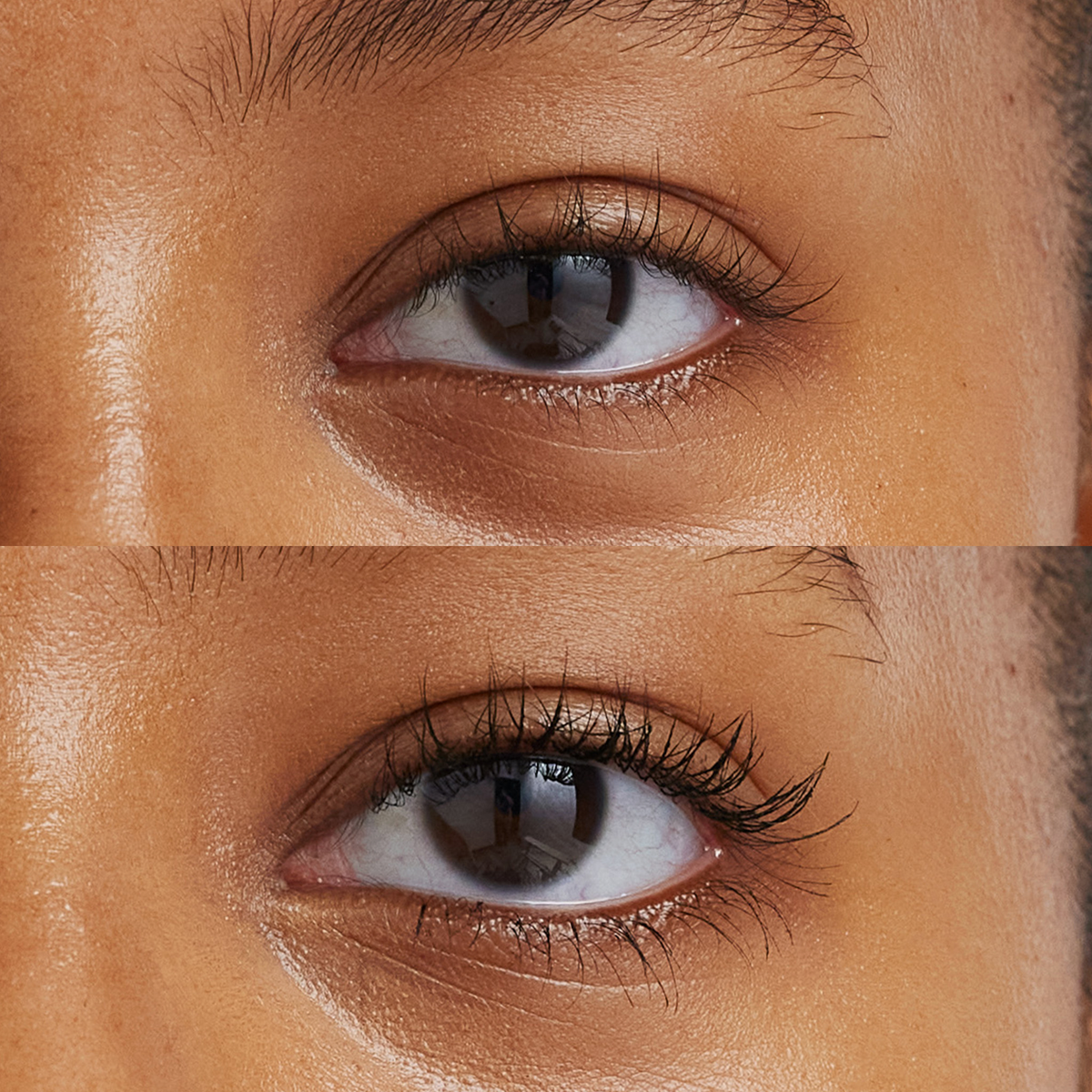 Zwei Nahaufnahmen der Augen zeigen die Wimpern vor und nach dem Auftragen der XLASH Weightless Mascara.