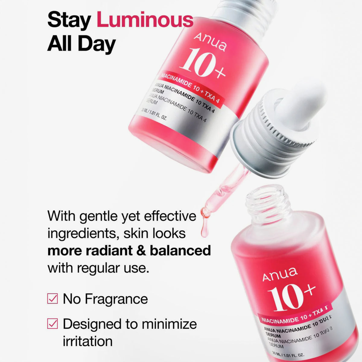 Zwei rosa Flaschen mit Niacinamide 10 % + TXA 4 % Serum mit Tropfern und Text, der strahlende, ausgeglichene und sanfte Hautpflege hervorhebt.