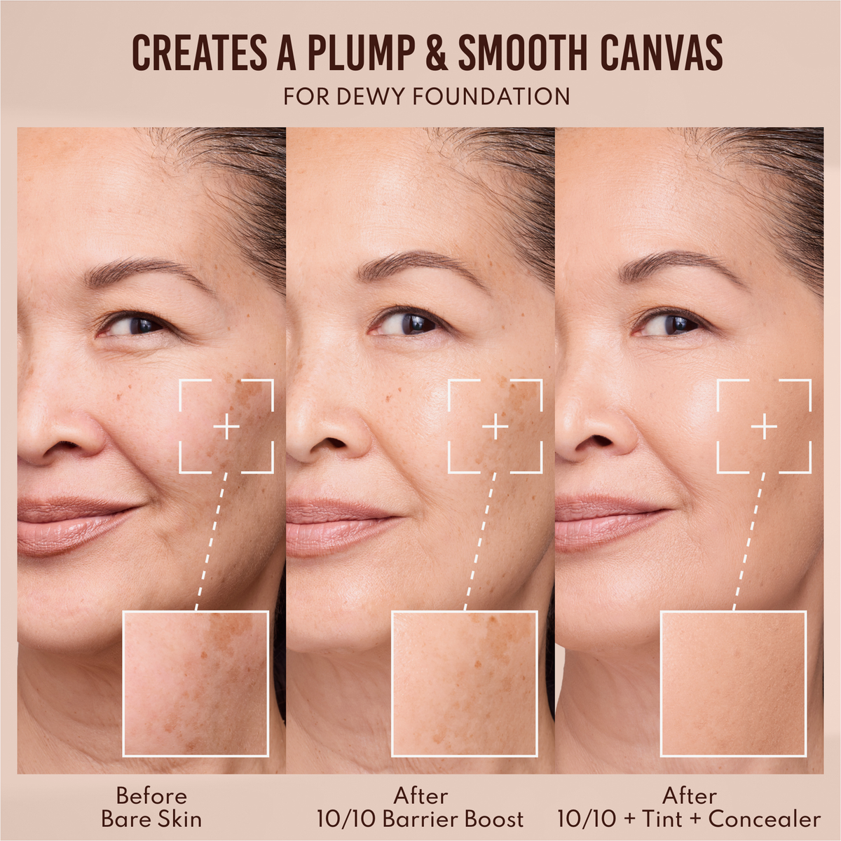 Drei nebeneinander liegende Nahaufnahmen zeigen, wie sich die Haut nach dem Auftragen von Danessa Myricks Beauty Yummy Skin 10/10 Barrier Boost von nackt zu feucht und dann glatt mit Make-up verwandelt.