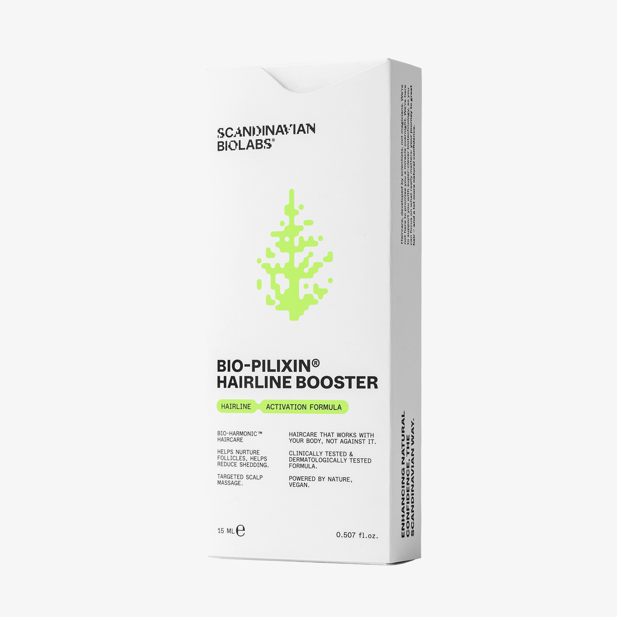 Weiße Schachtel von Scandinavian Biolabs Bio-Pilixin® Hairline Booster mit grünem Design und Produktangaben.