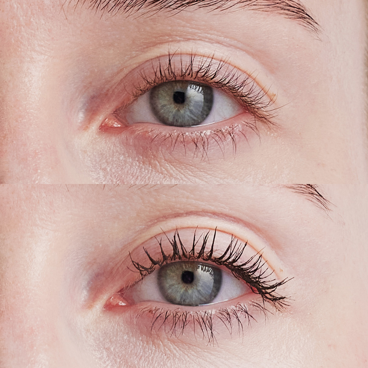 Nahaufnahme eines blauen Auges vor und nach der Anwendung des XLASH Drama Tinted Primer, die deutlich dichtere und dunklere Wimpern zeigt.