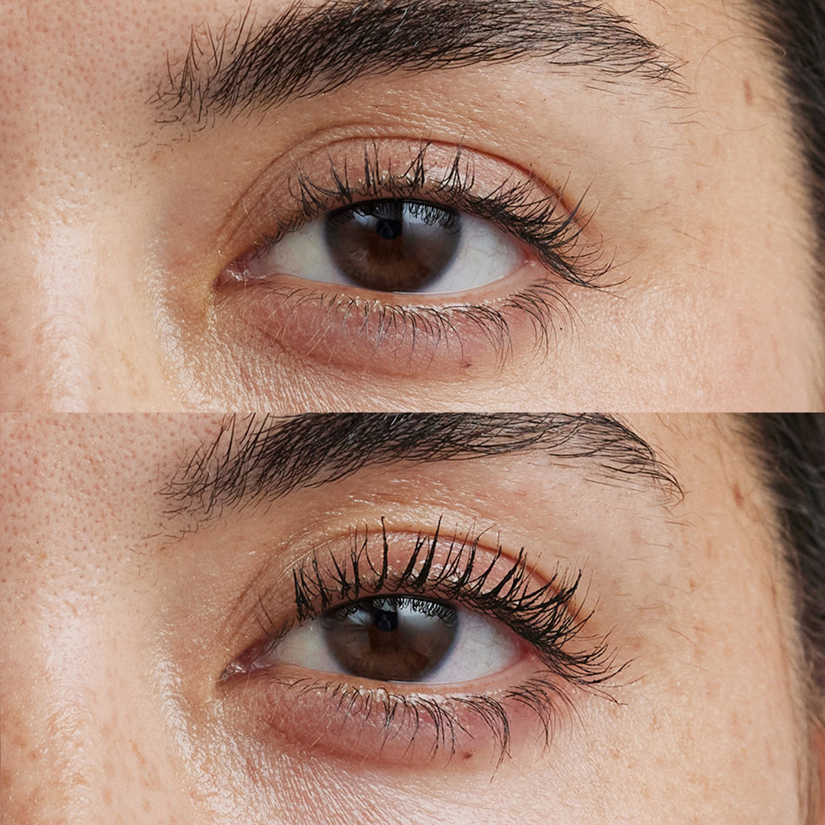 Nahaufnahme von zwei braunen Augen – vor und nach dem Auftragen der XLASH Lash Hero Mascara auf die oberen Wimpern.