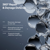Grafik mit Flüssigkeitsblasen und Text zu 360° Repair & Damage Defense: repariert, stärkt und schützt das Haar langfristig.