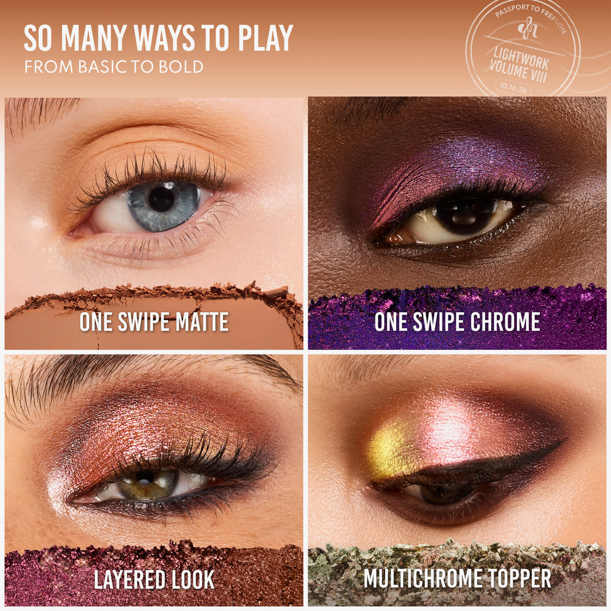 Vier Nahaufnahmen von Augen, die die Oberflächen matt, chrom, mehrschichtig und multichrom der Lightwork Palette VIII Freedom Palette zeigen.