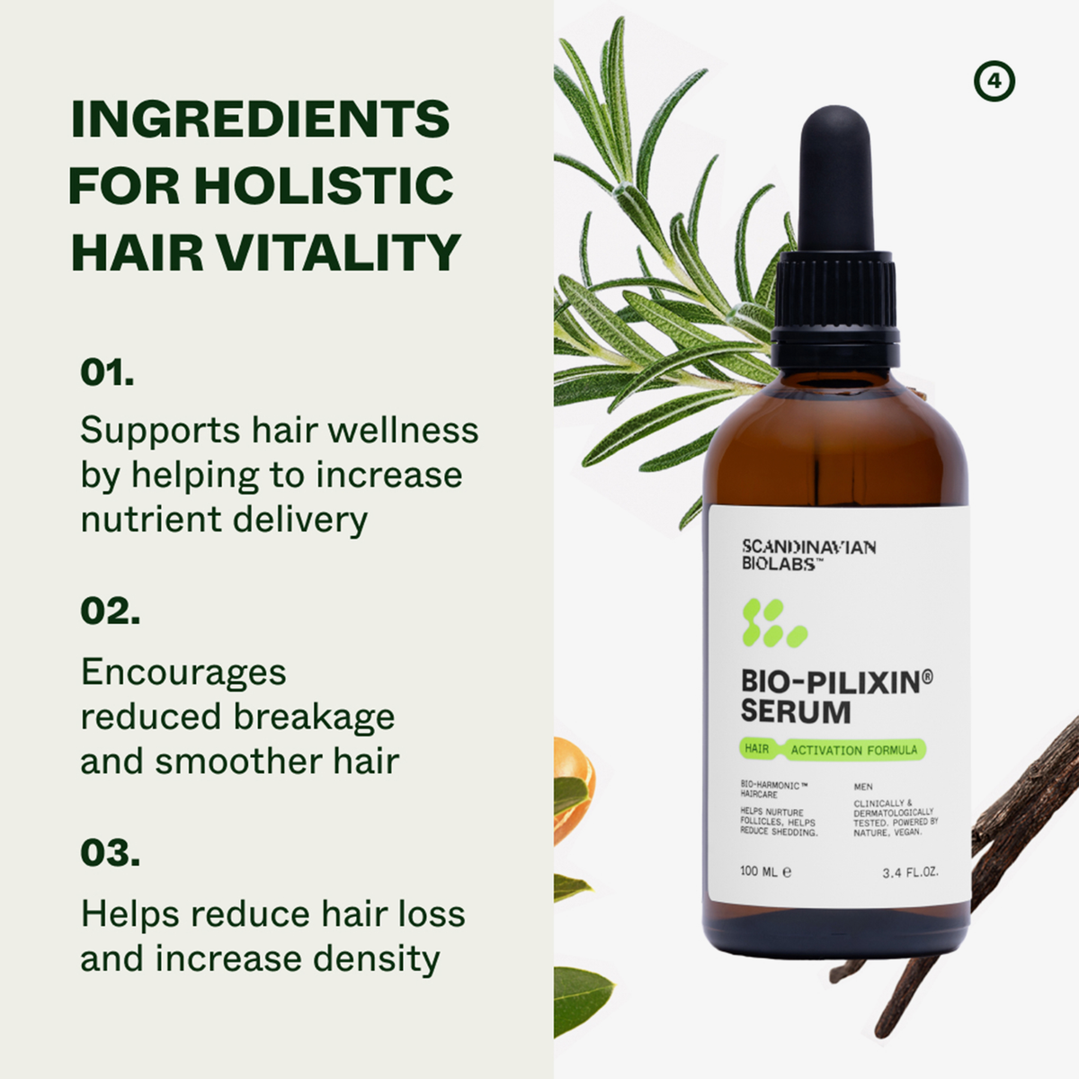 Auf grünem und weißem Hintergrund ist eine Flasche Scandinavian Biolabs Bio-Pilixin® Serum abgebildet, neben der die wichtigsten Vorteile für die Haarvitalität aufgeführt sind.