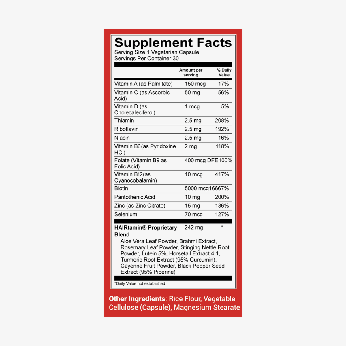 Nährwertangaben der HAIRtamin Advanced Formula Vitamin-Kapseln