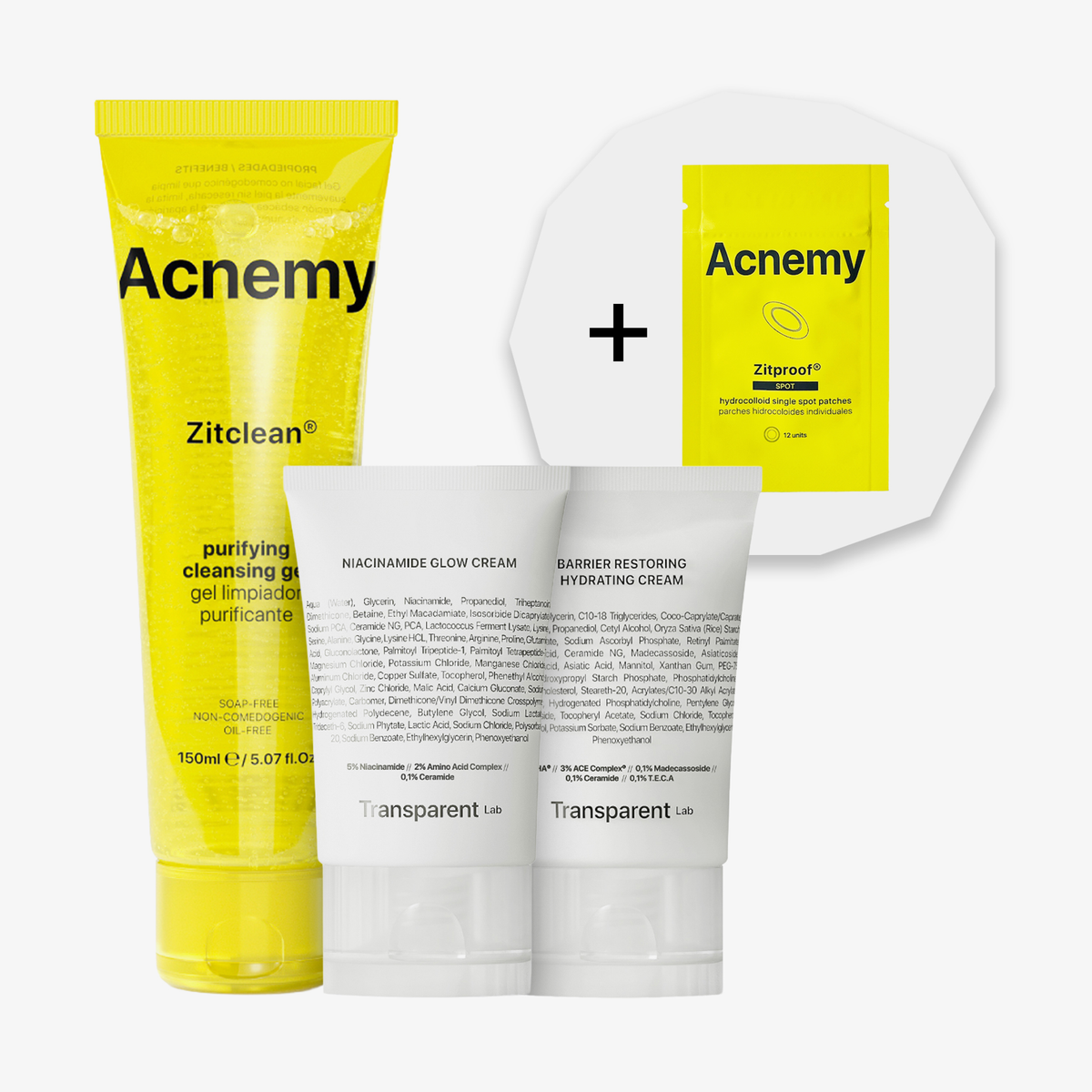 PURISH Niche Beauty Labs Essential Kit mit Zitclean Reinigungsgel, Zitproof Spot & 2 Transparent Lab Cremes auf weißem Hintergrund.