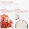 Rote Algen und Gelklumpen veranschaulichen Astaxanthin und Aminohydra™ in der Produktbeschreibung von „Glow Repair Hair Glaze“ von Abyssian.