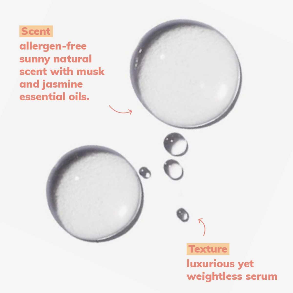 Zwei Tropfen „Abyssian Supergloss Hair Serum“, allergenfrei, luxuriöse, schwerelose Textur, dargestellt mit orangefarbener Schrift.