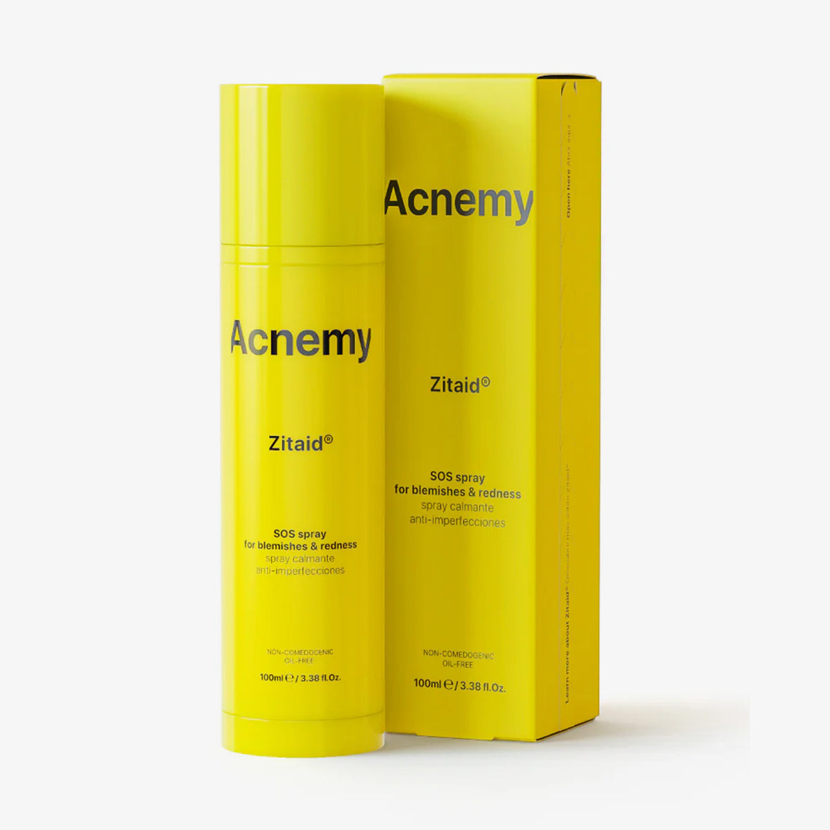 Gelbe Sprayflasche und Verpackung von Acnemy Zitaid – SOS-Spray gegen Hautunreinheiten und Rötungen in 100 ml.
