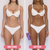 Eine Frau in weißer Unterwäsche wird vor und nach der Anwendung von Bali Body's Violet 1 Hour Express Tan gezeigt, wobei sie das Produkt auf dem Nachher-Foto hält.