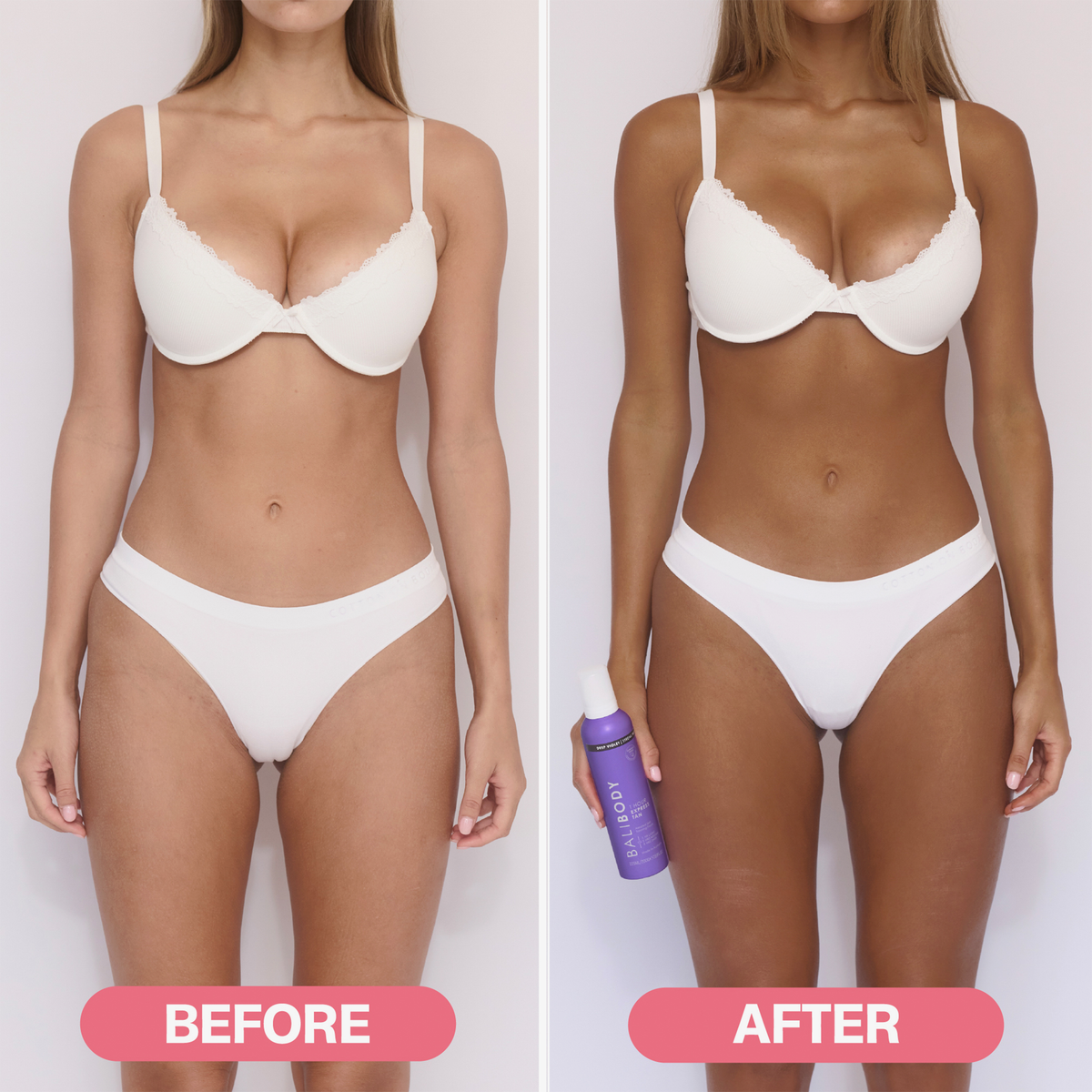 Eine Frau in weißer Unterwäsche wird vor und nach der Anwendung von Bali Body's Violet 1 Hour Express Tan gezeigt, wobei sie das Produkt auf dem Nachher-Foto hält.