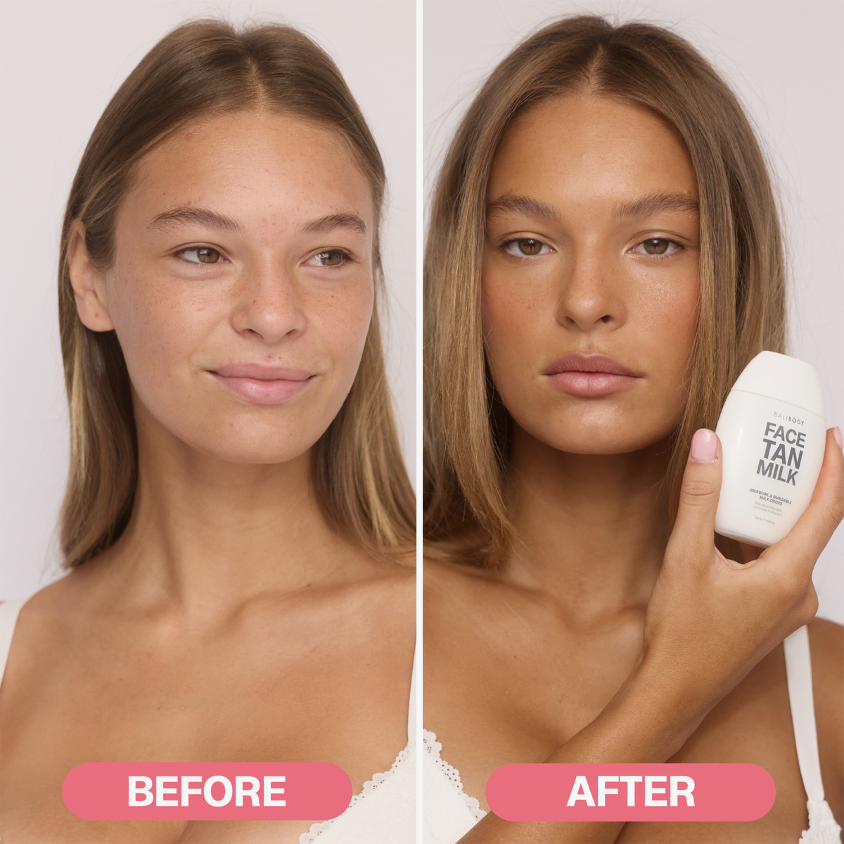 Teilbild einer Frau vor und nach der Anwendung von Bali Body Face Tan Milk Drops, das einen gebräunten, ebenmäßigen Teint zeigt.