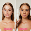 Nebeninander angeordnete Bilder einer Frau vor und nach der Anwendung von „Bali Body Face Tan Mist Dark 70 ml“, wobei die Haut auf dem Nachher-Bild klarer erscheint.