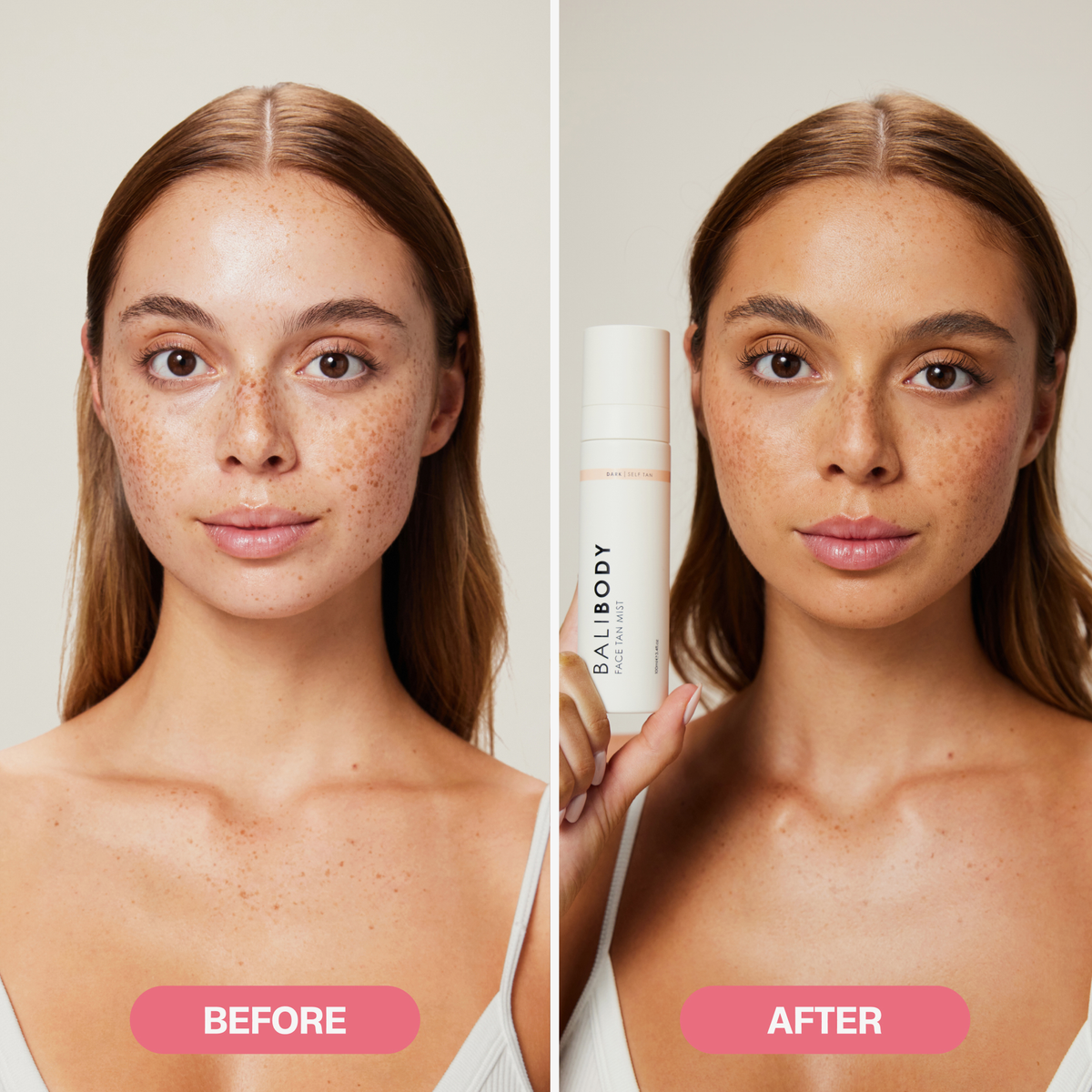 Nebeninander angeordnete Bilder einer Frau vor und nach der Anwendung von „Bali Body Face Tan Mist Dark 70 ml“, wobei die Haut auf dem Nachher-Bild klarer erscheint.