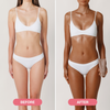 Vorher-Nachher-Foto einer Frau in weißer Unterwäsche, die das „Bali Body Mini Welcome Kit“ in der Hand hält; darauf sind hellere und dunklere Hauttöne zu sehen.